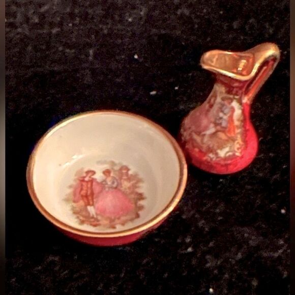 Vintage Limoges raspberry water pitcher and bowl w 22K gold detail - Picture 1 of 8
